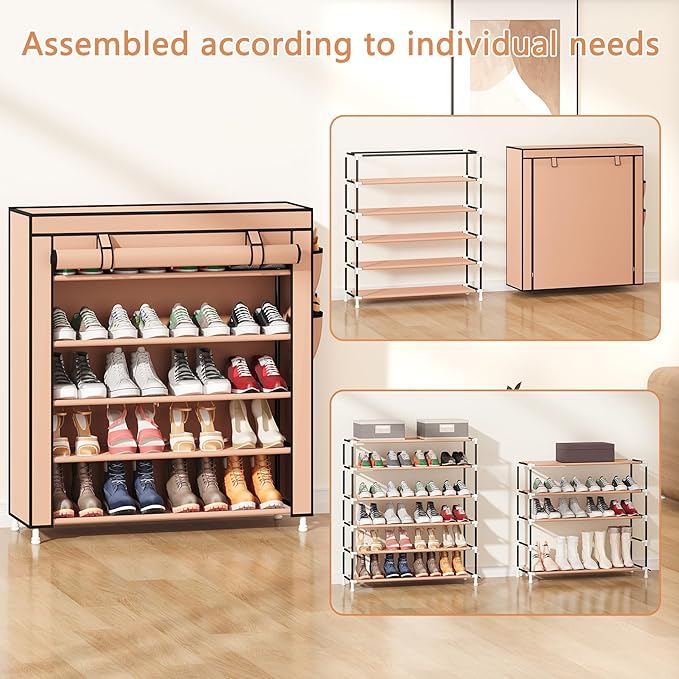 Laiensia 5-Tier Vertical Shoe Rack Organizer, Space Saving Shoe Storage Organizer, Non-Woven Cover Shoe Shelf Holds 20-25Pairs for Bedroom, Hallway, Closet Entryway, Brown-NeatNest