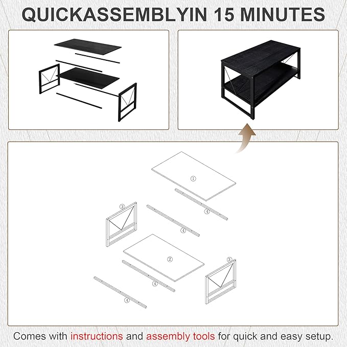Rectangle Coffee Table Tea Table with Storage Shelf, Farmhouse Wooden Coffe Table for Living Room Table, 40" Rustic Center Table 2-Tier Minimalist Coffee Table Easy Assembly (Black)-NeatNest