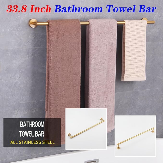 GERZWY Stainless Steel 33-Inch Bathroom Towel Bar Gold Towel Rack Wall Mounted Towel Rail Bath Towel Rod AG1101C85-BE