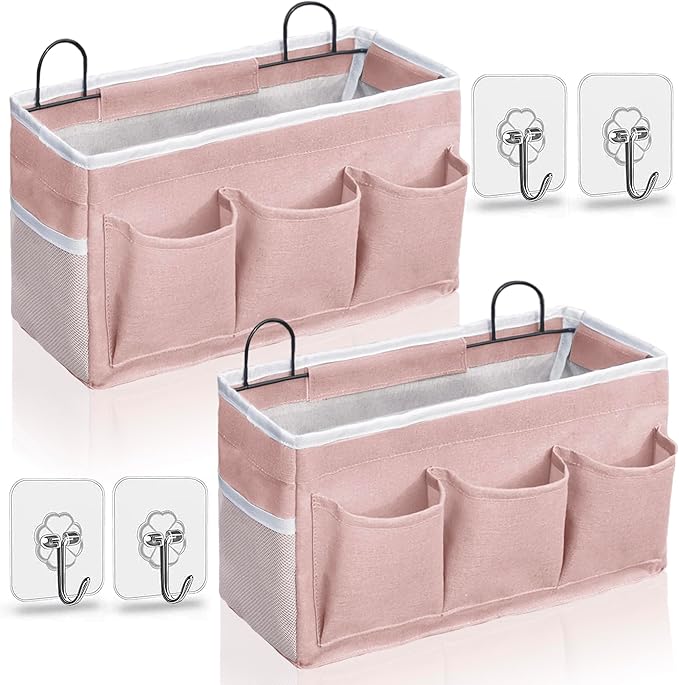 2pcs Light-Style Wall Hanging Storage Bag, Linen Fabric Door Hanging Organizer Baskets with Pockets, Waterproof Bin for Bedroom, Kitchen, Office, RV Camper (Pink-2pcs)-NeatNest