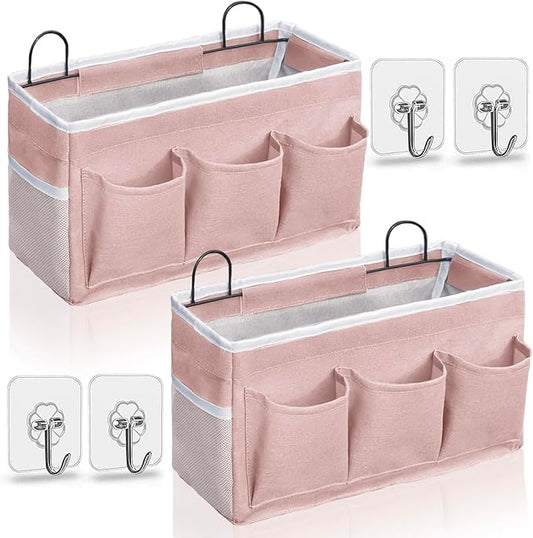 2pcs Light-Style Wall Hanging Storage Bag, Linen Fabric Door Hanging Organizer Baskets with Pockets, Waterproof Bin for Bedroom, Kitchen, Office, RV Camper (Pink-2pcs)-NeatNest