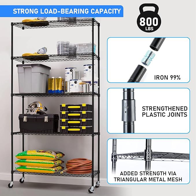 HealSmart Heavy Duty 5-Tier Shelving Unit, 21" W x 12" D x 54" H Wire Metal Stackable Storage, Chrome