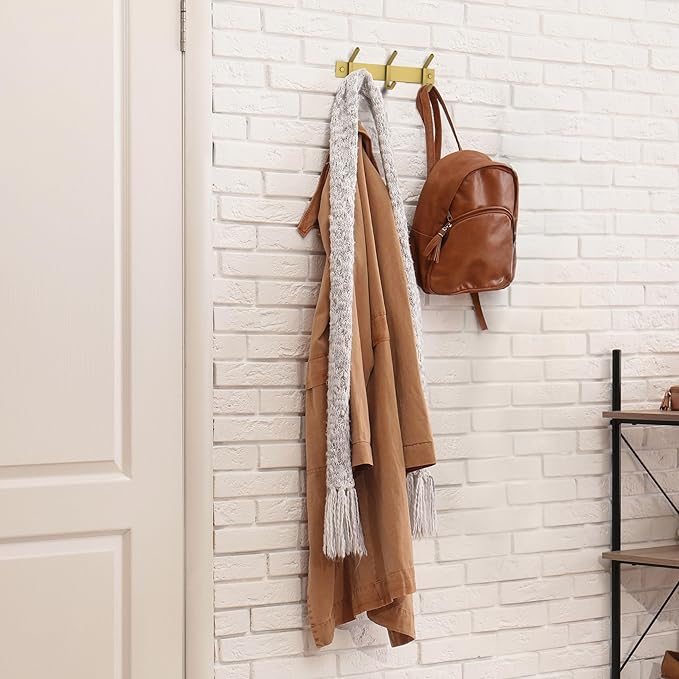Brushed Gold Small Coat Rack Wall Mount – 9 Inch Stainless Steel Rail with 3 Double Coat Hooks for Entryway, Bathroom, Bedroom, Kitchen – Modern Gold Hook Rack for Coats, Hats, Towels-NeatNest