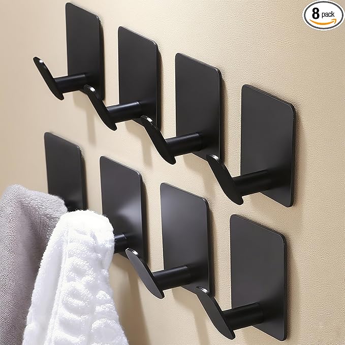 DELITON 8 Pack Adhesive Towel Hooks - Bathroom Towel/Wall Hooks for Hanging Coat Robe Stick on Bathroom or Kitchen Matte Black Stainless Steel-NeatNest