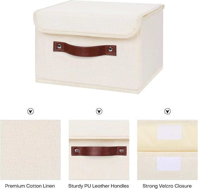ANMINY 2PCS Storage Bins with Lid PU Leather Handles Storage Boxes PP Plastic Board Decorative Foldable Lidded Cotton Linen Fabric Home Cubes Baskets Closet Organizer Containers - Beige, Small Size-NeatNest
