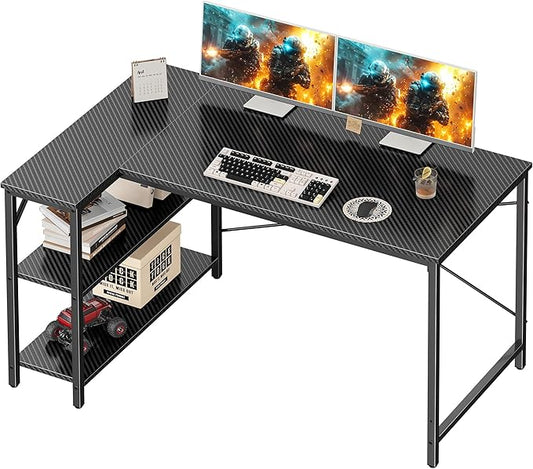 Huuger L Shaped Desk, 47 Inch Gaming & Home Office Desk with Reversible Storage Shelves, Metal Frame, Carbon Fiber Black-NeatNest