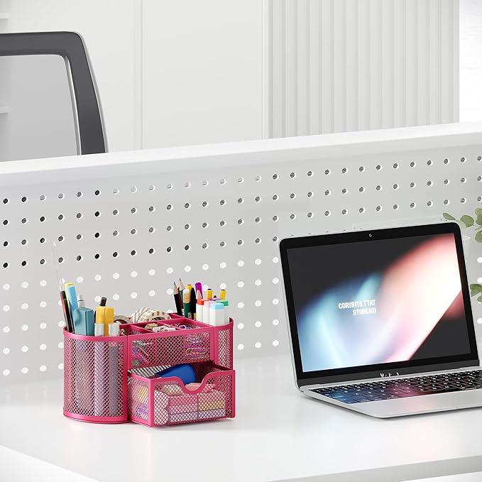 EasyPAG Mesh Desk Organizer, Multi-functional Stationery Organizer for School Supplies, Office Pen Holder for Desk, 9 Compartments Dorm Organization with Drawer, Pink