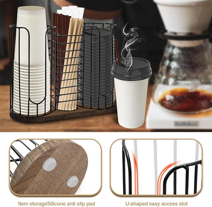 3-Compartment 18oz Coffee Cup Dispenser Rack with Wood Base, Disposable Cup, and Lid Organizer for Countertop - Perfect for Paper Cups, Straws, and Kitchen Cabinet Storage-NeatNest