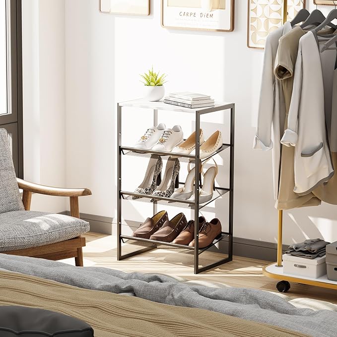 Garden 4 you 4 Tiers Narrow Shoe Rack,Small Space Freestanding Shoe Storage Organizer with White Wooden Tabletop,Adjustable Metal Shelf Stackable Shoe Shelf for Entryway Hallway Living Room Closet-NeatNest