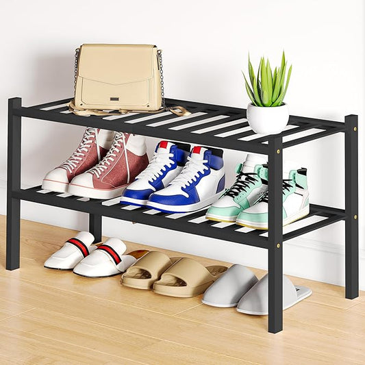 Smiry Shoe Rack, 2 Tier Bamboo Shoe Organizer, Stackable Free Standing Wooden Shoe Storage Shelf for Closet, Entryway, Front Door Entrance, Black-NeatNest