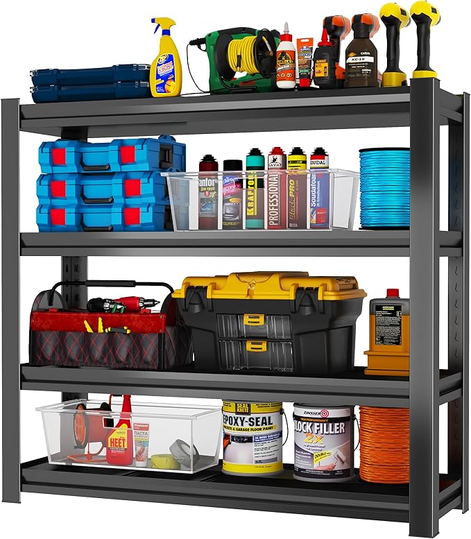 Garage Shelving, Adjustable Storage Shelf, Heavy Duty Storage Shelves, Sturdy Steel Storage Shelf for Garage and Workshop, 4-Tier 44" H x 40" W x 14" D, Black-NeatNest