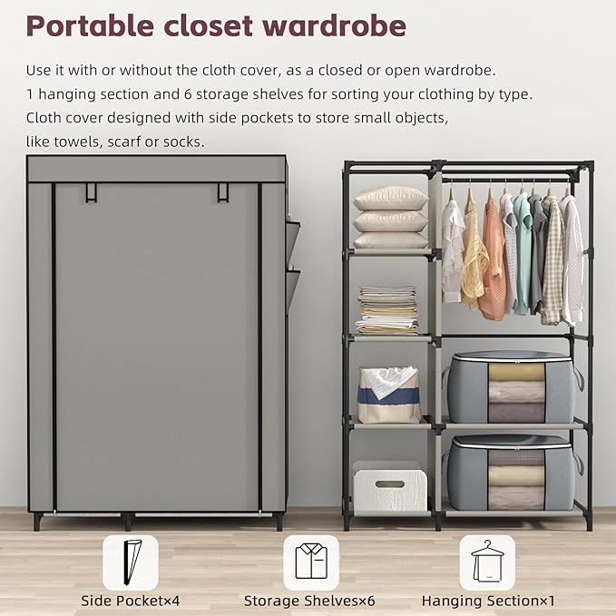 Calmootey Portable Closet, Wardrobe with 6 Shelves and Hanging Rod, Storage Organizer for Bedroom, Non-Woven Fabric Cover with 4 Side Pockets, Includes 2 Storage Bags for Clothes, Grey-NeatNest
