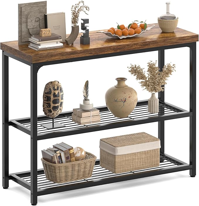 32" Small Console Table, 3-Tier Entryway Table, Sofa Table with Mesh Shelves, Console Tables for Living Room, Bedroom, Hallway, Entryway, Foyer, Rustic Brown-NeatNest