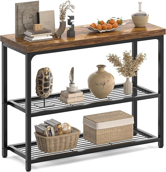32" Small Console Table, 3-Tier Entryway Table, Sofa Table with Mesh Shelves, Console Tables for Living Room, Bedroom, Hallway, Entryway, Foyer, Rustic Brown-NeatNest