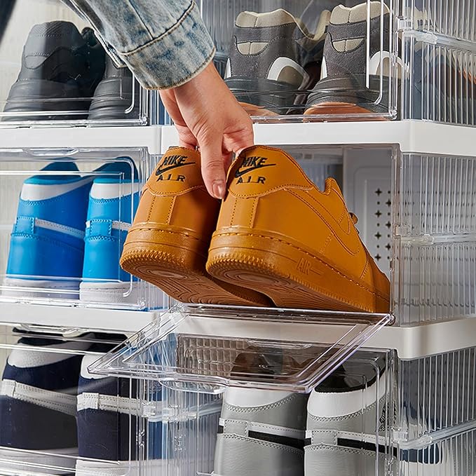 Foldable Shoe Rack Collapsible Storage Box Size up to 14, Stackable Plastic Bins Tote with Lids Organizing Installation Free Clear Dustproof 6-Tiers-NeatNest
