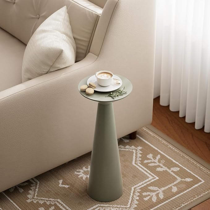 Farmhouse Tall Pedestal End Table Small Solid Wood Martini Table Plant Stand Modern Round Drink Table for Small Space Living Room, Sage Green