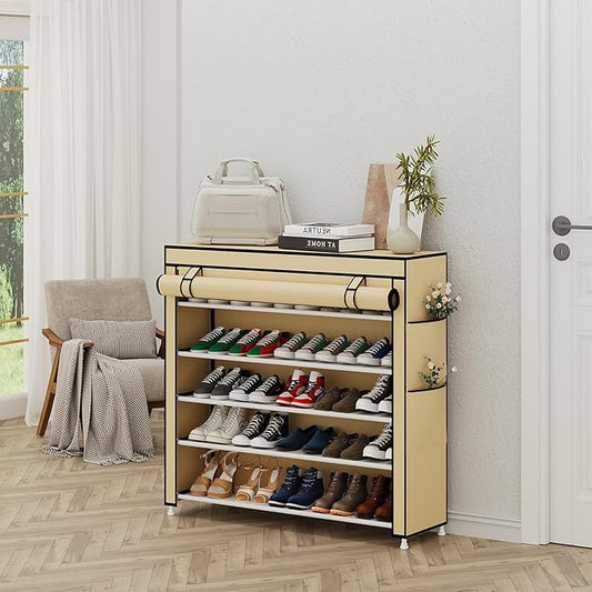 Calmootey 5 Tier Shoe Rack Organizer to Hold 25 Pairs, Portable Shoe Shelf with Nonwoven Fabric Cover for Closet Hallway, Bedroom, Entryway, Beige-NeatNest