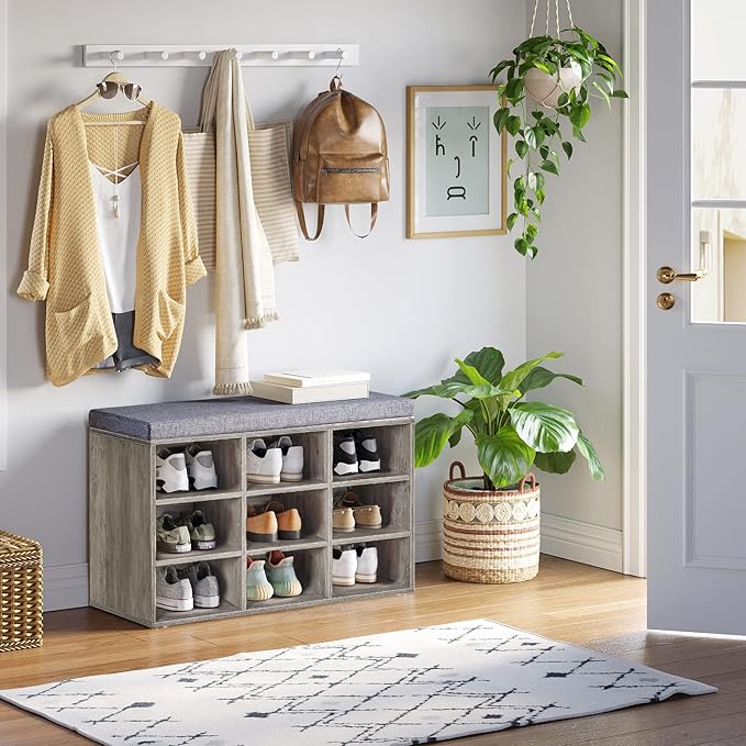 DINZI LVJ Shoe Bench, 9 Cubbies Shoe Organizer for Entryway, Storage Bench with Cushion, Cubby Shoe Rack with Adjustable Shelves for Living Room, Bedroom, Mudroom, Hallway, Gray Wash-NeatNest