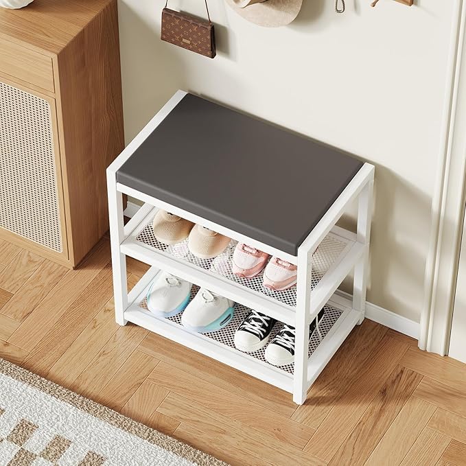 Small Shoe Bench Shoe Rack Storage Bench Entryway Bench Shoe Shelf with Seat Cushion, Stable Shoe Organizer for Entryway, Living Room, Bench Seat Holds Up to 300 lb, (18"L x 12"W x 17"H, White)-NeatNest