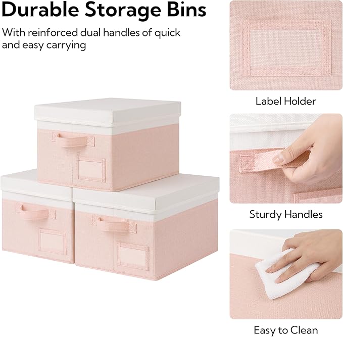 GRANNY SAYS Stackable Storage Bins with Lids, Decorative Closet Organizers, 3-Pack, Pink & Ivory-NeatNest