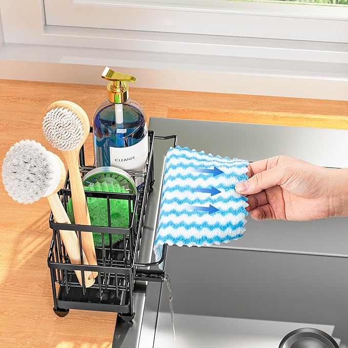 Cisily Sponge Holder for Kitchen Sink with Towel Rack, Sink Caddy with Kitchen High Brush Holder, Organzier Rustproof 304 Stainless Steel Dish Organizer Divider, Soap Dispenser Storage-NeatNest