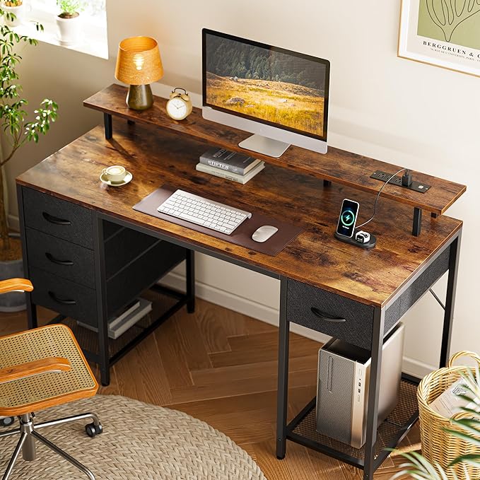 Huuger 55 inch Computer Desk with 4 Drawers, Gaming Desk with LED Lights & Power Outlets, Home Office Desk with Large Storage Space for Bedroom, Work from Home, Rustic Brown-NeatNest