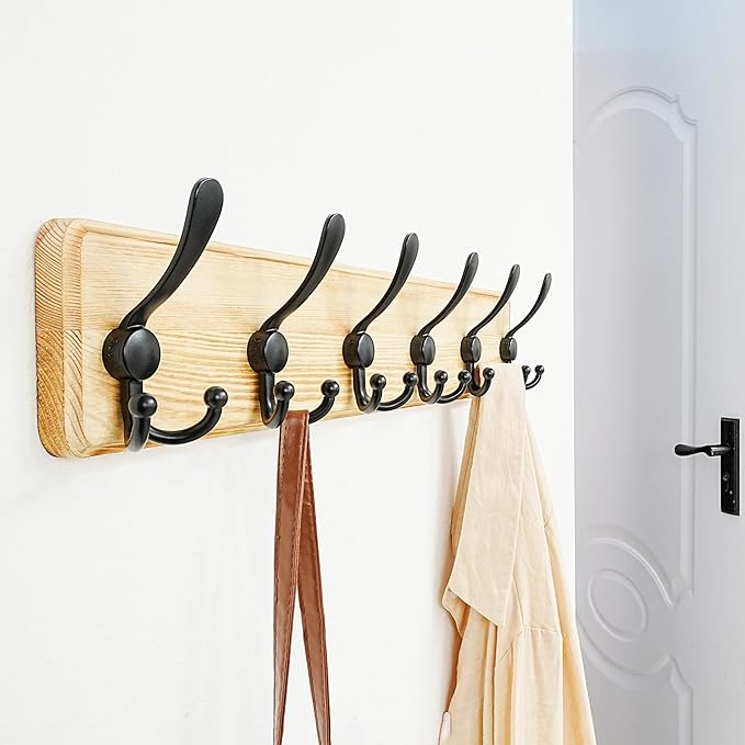 Dseap Coat Rack Wall Mounted - 24" Long 6 Tri Hooks, Heavy Duty Wooden Wall Coat Hanger Coat Hook for Clothes Hat Jacket Clothing, Weathered Light Natural and Black