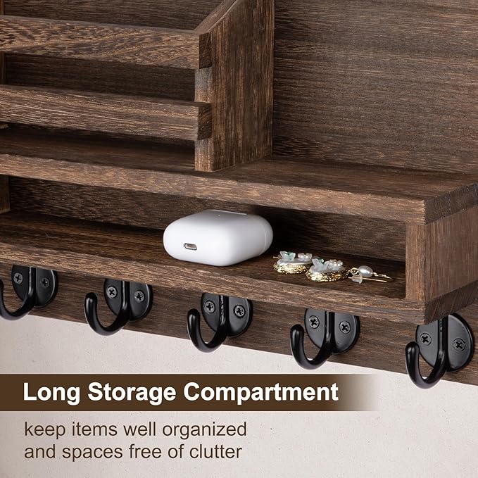 Key and Mail Holder Wall Mount, Key Hanger with Long Storage Box and 5 Hooks for Coat, Dog Leash, Home Decor Rack, House Accessories, Entry Way Organizer 11.8”W x 7.8”H x 3.2”D