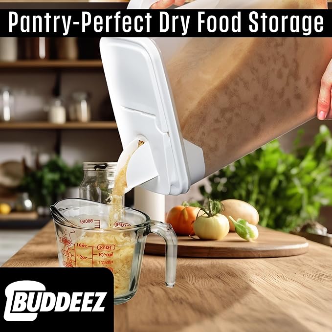 Buddeez Bulk Food Storage Container - 8 Quart All Purpose Clear & Large Pantry and Kitchen Organization and Storage - Cereal, Flour, Sugar, Rice Dispenser, EZ Grip Handle, EZ Pour Spout (White Lid)-NeatNest