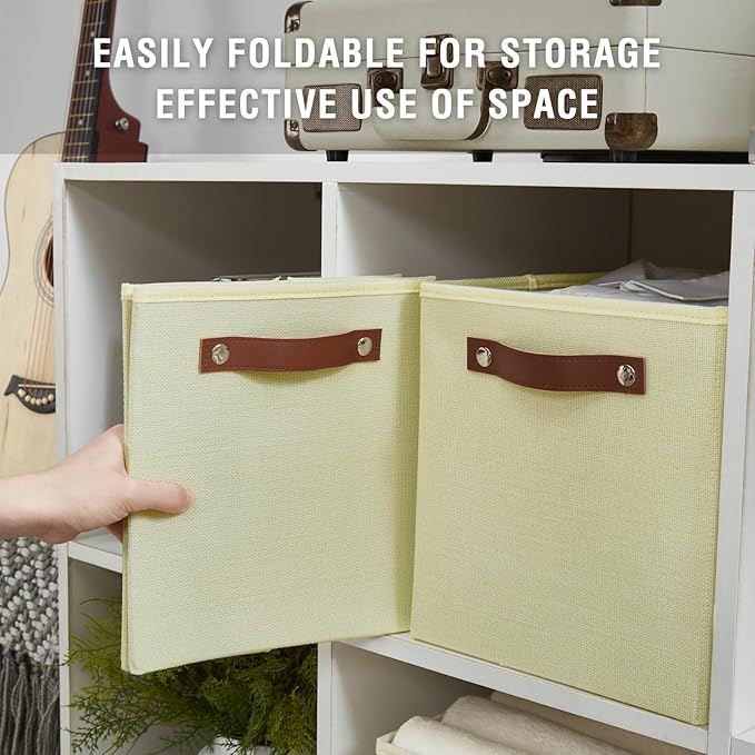 Collapsible Fabric Storage Cube Bins with 2 Reinforced PU Handles, Foldable Storage Organizer Baskets for Closet, Shelves, Living Room | 11"x11"x11", 4 Pack, Full Beige-NeatNest