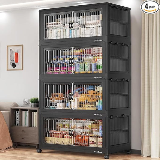 800Qt Extra Large Stackable Storage Bins with Lid, Closet Organizer Collapsible Drawer Boxes with Wheels, Folding Plastic Cabinet Containers for Home Kitchen Room Organization, 4Pack Black