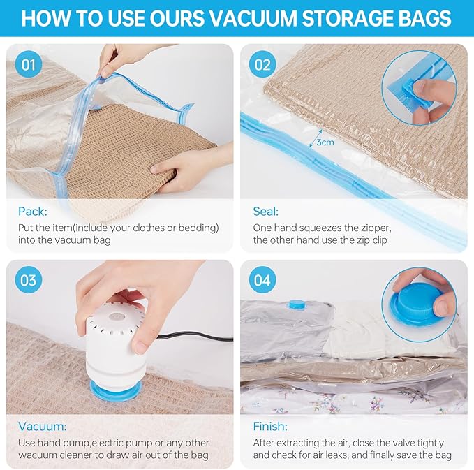 AKLL7S Vacuum Storage Bags with Electric Pump, 12 Pack Space Saver Bags(3 Jumbo/3 Large/3 Medium/3 Small) Vacuum Seal Bags for Clothing, Comforters, Blankets, Travel(Hand Pump Included)-NeatNest