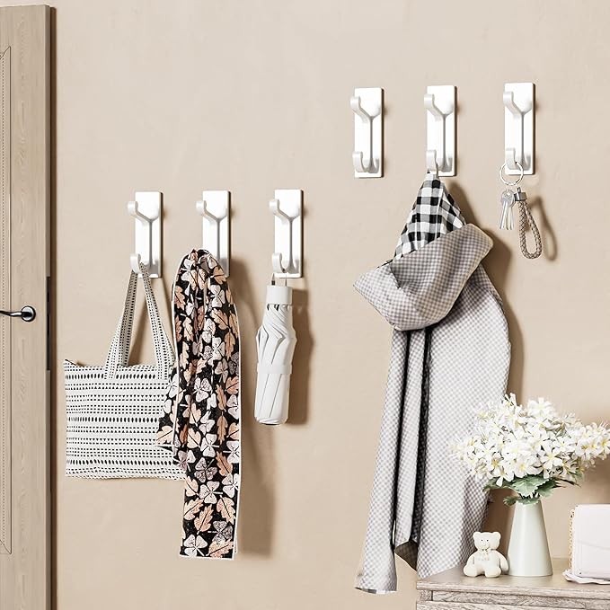 6 Pack Self Adhesive Wall White Hooks - Coat Hooks Wall Mount for Clothes, Towel, Keys, Purse, Backpack, Bag, Hat, Sticky Hooks for Door, Kitchen, Bathroom, Shower, Rental Houses, Hold 10Lbs.