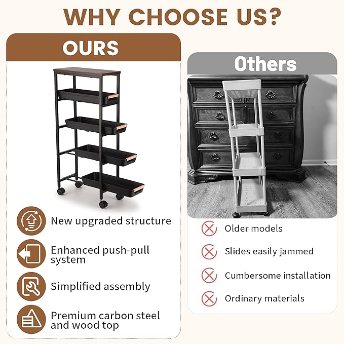 Slim Storage Cart, 5-Tier Narrow Rolling Kitchen Laundry Room Cart with Drawer and Wheels, Metal Utility Cart Slide Out Organizer for Small Spaces (Black)