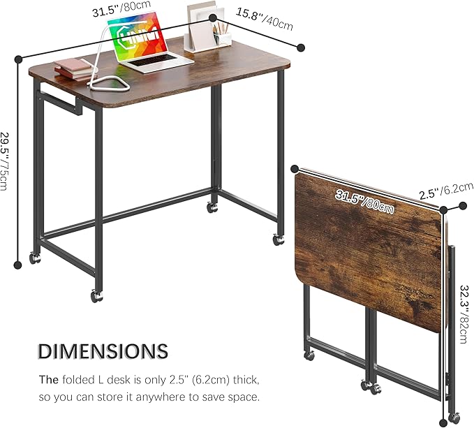 4NM 31.5" Mobile Small Rolling Computer Desk, Folding Laptop Cart Table with Wheels, Portable Office Desk for Small Space Couch Bed - Rustic Brown and Black
