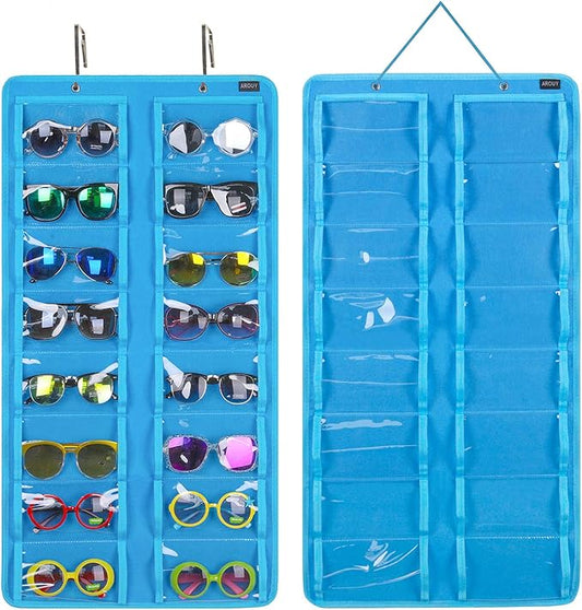 AROUY Sunglasses Organizer Storage - Hanging Dust Proof Wall Pocket With 16 Felt Slots, Metal Hook and Sturdy Rope (Light Blue)-NeatNest
