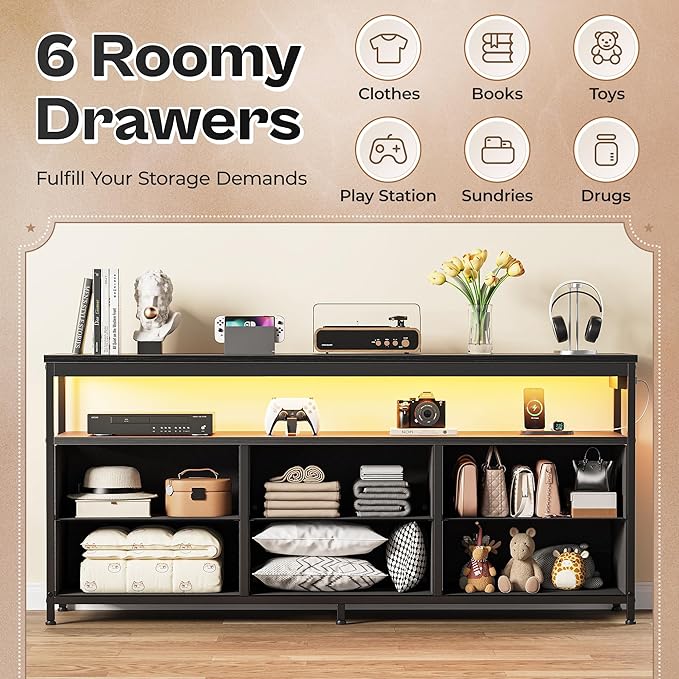 Huuger LED TV Stand for Bedroom, 55 Inch Fabric Dresser with Power Outlets, Entertainment Center for 60, 55, 50 Inch TV, 6 Drawer Dresser for Bedroom, Chest of Drawers with Shlef, PU Leather, Black-NeatNest