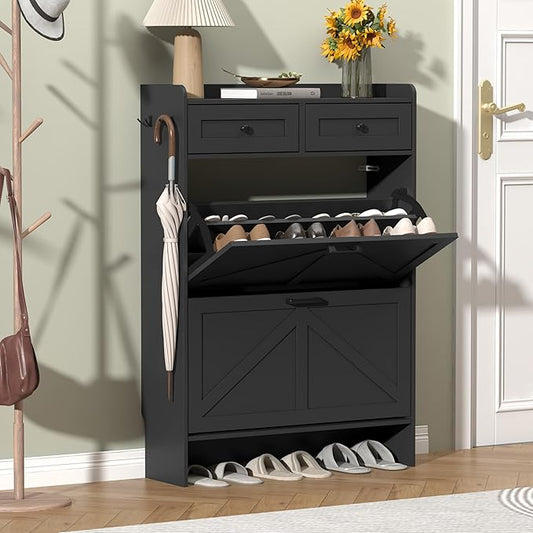 Shoe Cabinet with 2 Flip Drawers & 2 Storage Drawers, Rustic Farmhouse Narrow Shoe Organizer Cabinet, Slim Shoe Rack Cabinet, Shoe Storage Cabinet for Entryway, Hallway, Front Door