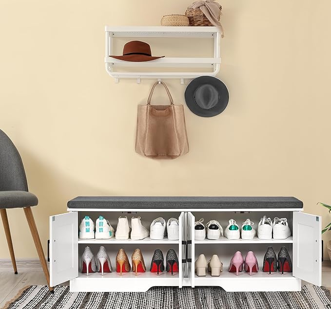 2-Tier Storage Bench, Shoe Bench with Padded Seat Cushion, Entryway Bench with 4 Barn Doors, Adjustable Shelf, 13.8" D x 47.2" W x 17.7" H, for Entryway, Living Room, Bedroom, White-NeatNest