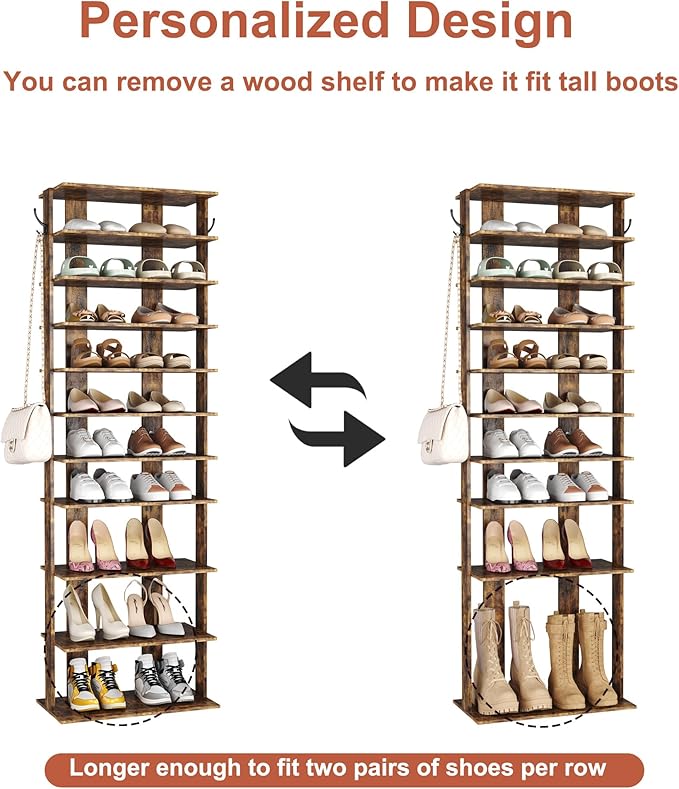 HOMEFORT 10-Tier Vertical Shoe Rack, Corner Shoe Tower, Double Rows 10 Tiers Shoe Shelf, Slim Shoe Storage Unit for 20 Pairs of Shoes, Shoe Stand for Entryway, Hallway, Closet (Rustic Brown)-NeatNest