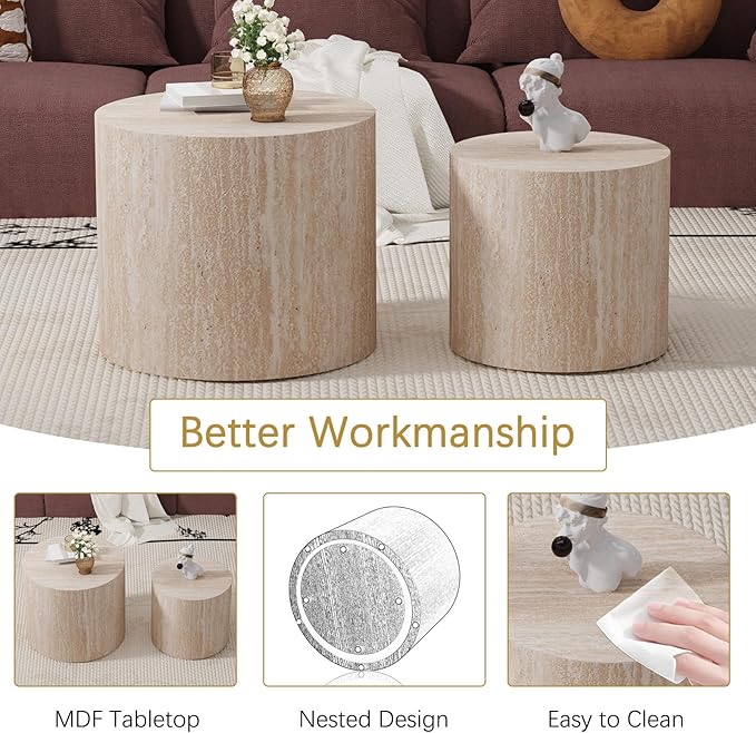Round Coffee Table Set of 2 Modern Nesting Coffee Tables Wooden Drum Coffee Tables with Non-Slip Feet, Circle Nesting Tables End Table for Living Room Office, No Assembly (Travertine 18.11"+14.57")