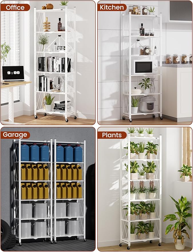 ALANNG 73.6 Inch Folding Bookshelf, 6 Tier Metal Bookcase and Bookshelves, Tall Shelves for Living Room Office Bedroom, Heavy Duty Book Shelve Free Standing Open (White, 4PACK)
