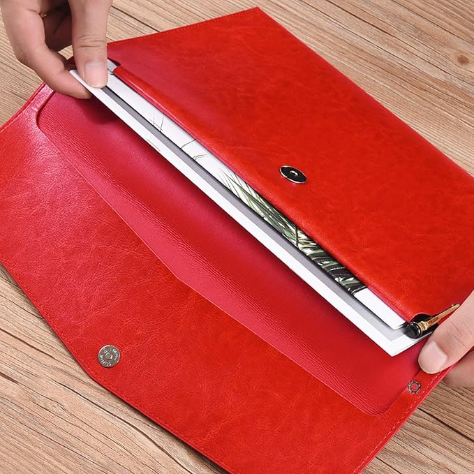 Enyuwlcm PU Leather A4 File Folder Document Holder Envelope Folder Case with Snap Closure for Receipt Contract Red