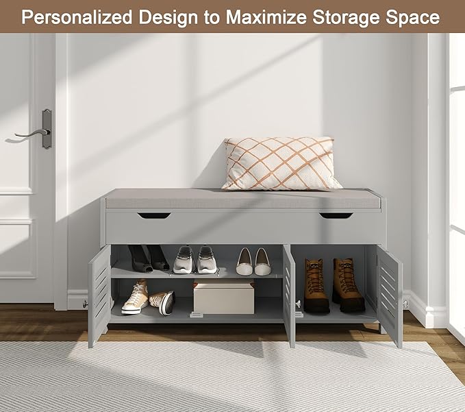 ChooChoo 41.3" Shoe Storage Bench with Lift Top Storage, Entryway Bench with Cushioned Seat, Adjustable Shelf, Shoe Cabinet with Hidden Space, for Entryway, Bedroom, Living Room, Grey-NeatNest