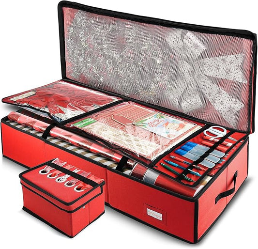 Hearth & Harbor Wrapping Paper Storage Container - Christmas Storage Bag with Ribbon Dispenser and Interior Pockets - Gift Wrap Organizer Fits Up to 26 Rolls of 40" Length, Red-NeatNest