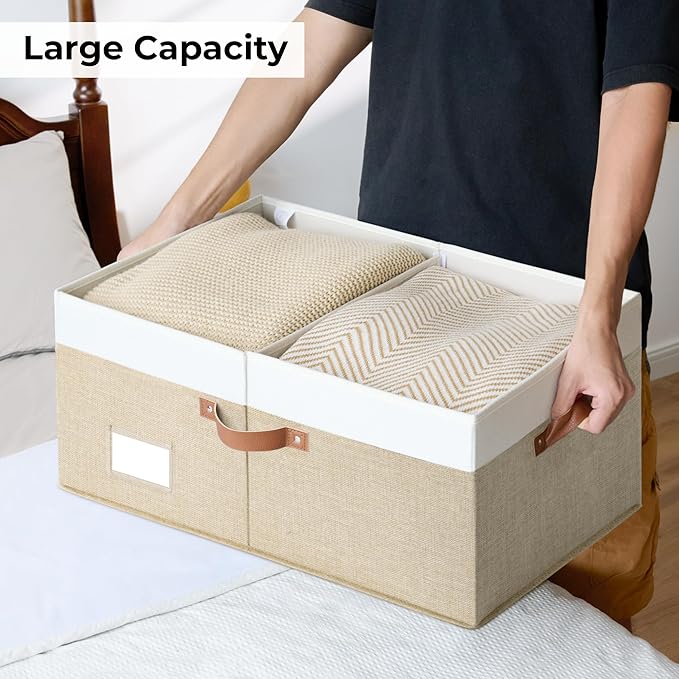 GRANNY SAYS Decorative Storage Boxes with Lid, Large Storage Bins with Double-Open Lid and Divider, Fabric Storage Bin for Clothes, 63L Closet Linen Storage Bin, White/Khaki-NeatNest