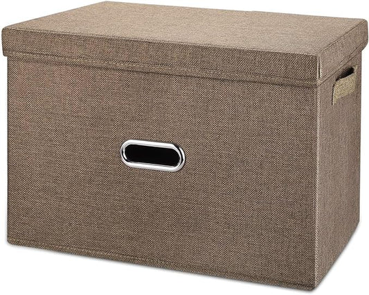 Large Linen Fabric Foldable Storage Bins with Removable Lid and Handles, Washable Storage Box Organizer Containers Baskets Cube with Cover for Bedroom,Closet,Office (Coffee, Extra Large)-NeatNest