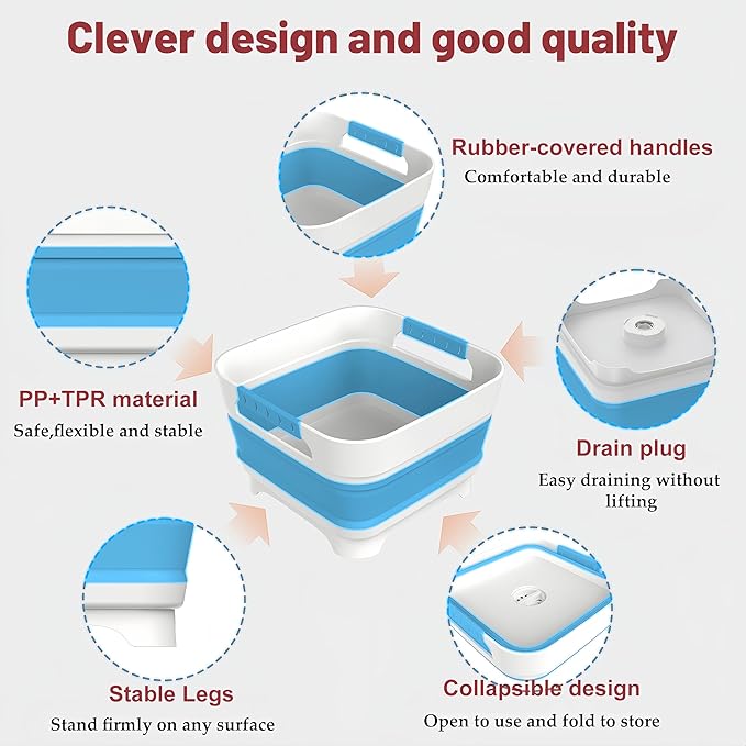 2.4 Gal Collapsbile Wash Basin with Drian Plug,9L Dish Pan for Soaking Baby Bottles,Portable Sink, Multiuse Foldable Bucket,Ice Beverage Tubs for Camping, Vegetable Washing, RV (Blue)-NeatNest