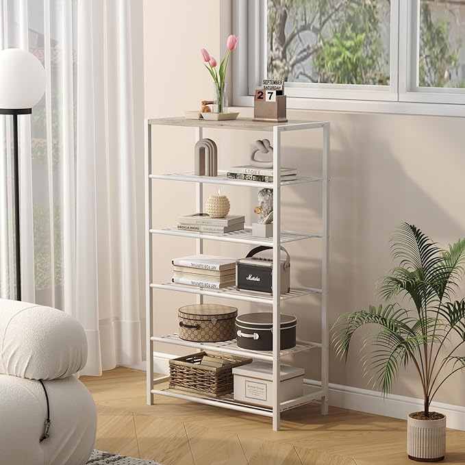 HOMEFORT Shoe Rack 6-Tier, Shoe Storage Shelf, Industrial Shoe Tower, Narrow Shoe Organizer for Closet Entryway, Small Shoe Rack Table with Durable Metal Shelves,White Oak-NeatNest