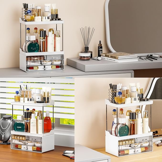 Yieach Bathroom Counter Organizers and Storage,White Acrylic Makeup Organizers with Drawers for Vanity,Bedroom,Plastic Skincare Organizer for Dresser Top Beauty,Cosmetic,Lotion and Perfume Organizer-NeatNest